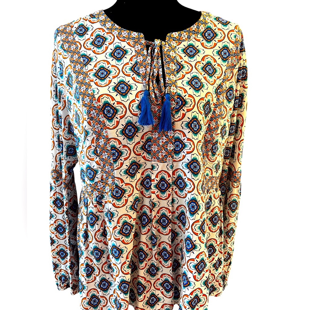 DR2 Cream/Blue/Orange/Teal Print on Long Sleeve Boho Style Blouse. Size = Large